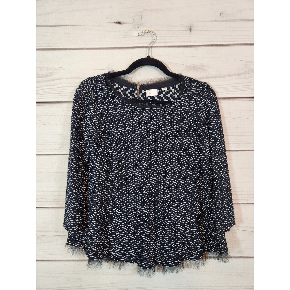 Postmark Womens Medium Black White Textured Wave Blouse Eyelash Trim Zip Back